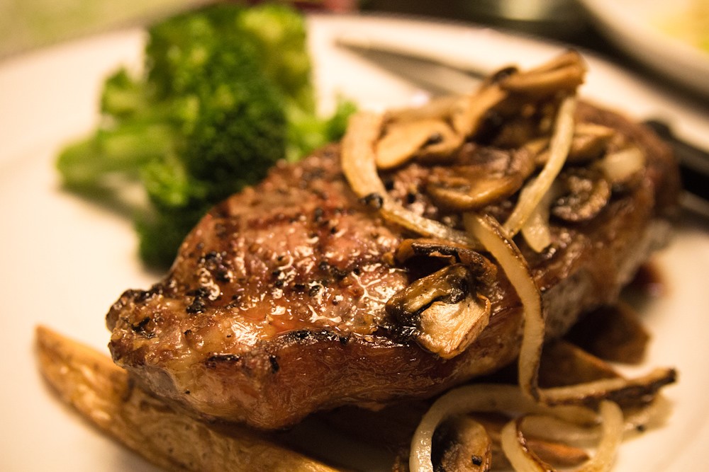 Steak dinner with mushrooms.